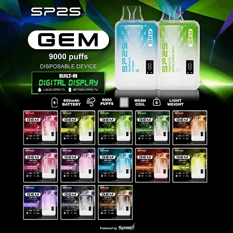 SP2S GEM 9000口拋棄式電子煙|智能雙顯螢幕|12ml大容量|16種口味現貨